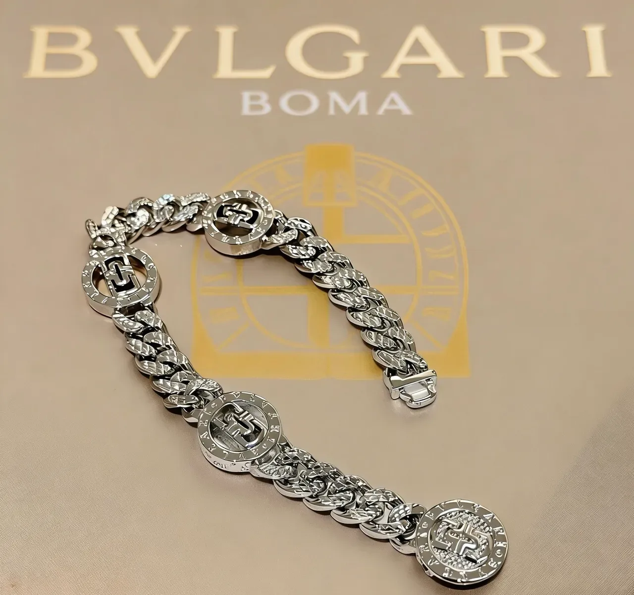 Bvlgari Silver-Tone Pavé-Set Logo Medallion Chain Bracelet 5