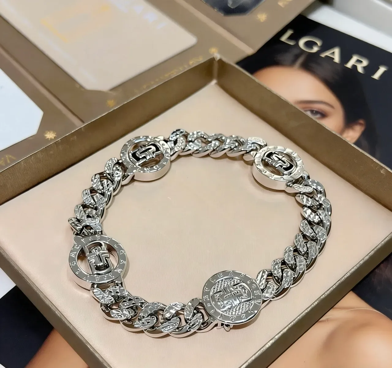 Bvlgari Silver-Tone Pavé-Set Logo Medallion Chain Bracelet 6