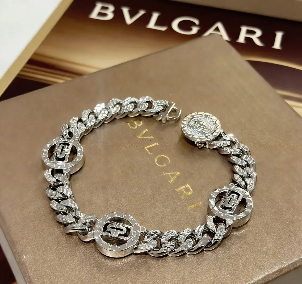 Bvlgari Silver-Tone Pavé-Set Logo Medallion Chain Bracelet 9