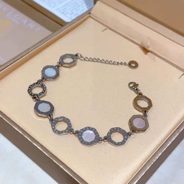 Bvlgari Silver White Octagonal Link Motif Mother-of-Pearl Inlay Bracelet 4