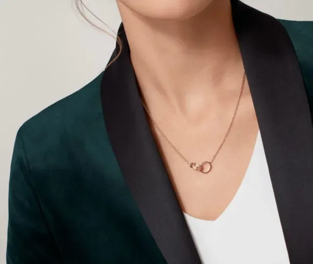 Cartier Gold Silver Interlocking Double Rings Screw Accents Necklace 9