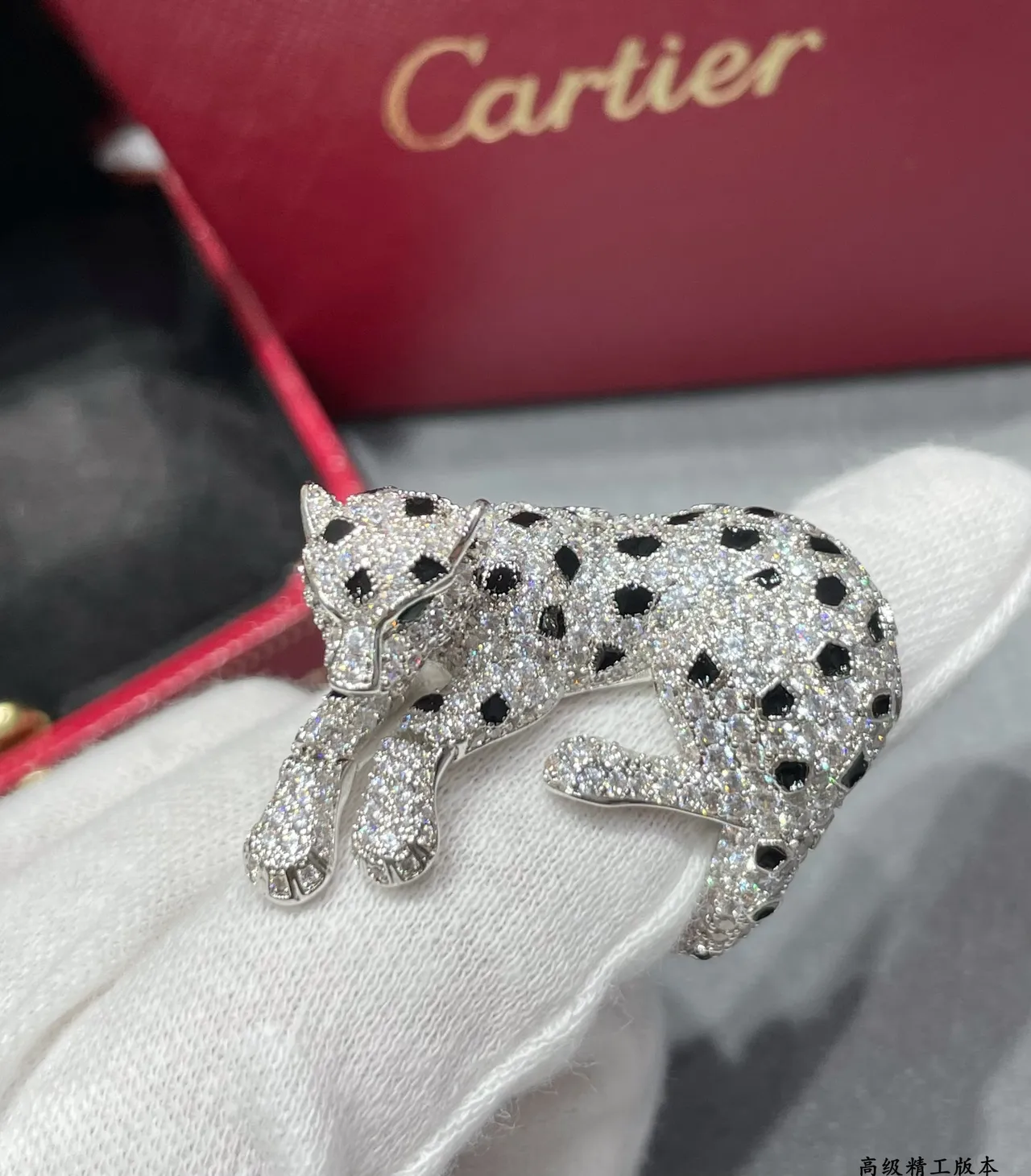 Cartier Panthère Crouching Panther Pavé Crystal and Black Enamel Brooch 7
