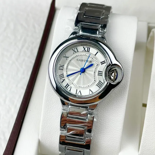 Cartier Prata Branco Caso Redondo Pulseira de Metal Integrada Colar 7