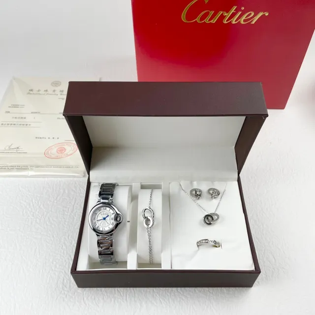 Cartier Prata Branco Caso Redondo Pulseira de Metal Integrada Colar 9