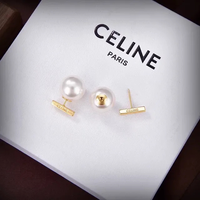 Celine Brincos Assimétricos de Pérola e Barra em Tons Dourados 2