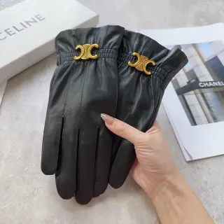 Celine Triomphe Black Gold Gathered Elastic Cuff Logo Clasp Leather Gloves