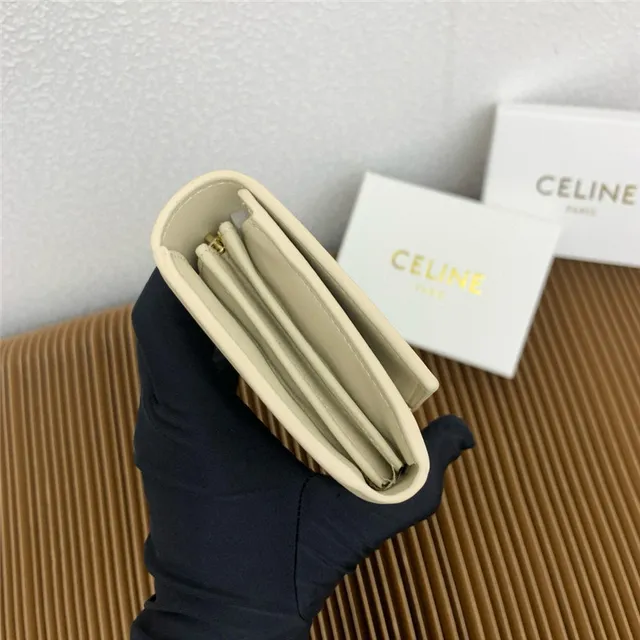 Celine Triomphe भूरा गोल्ड स्मूथ चमड़ा सेंट्रल सीम लंबा वॉलेट 6