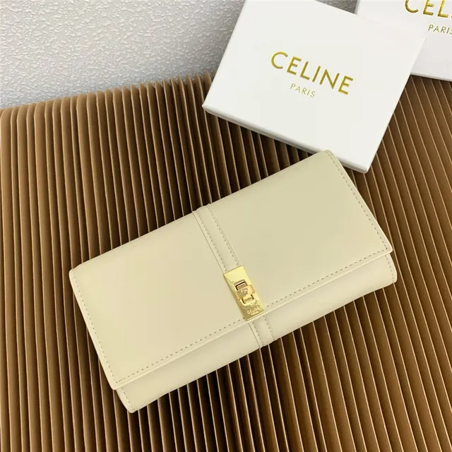Celine Triomphe भूरा गोल्ड स्मूथ चमड़ा सेंट्रल सीम लंबा वॉलेट 10