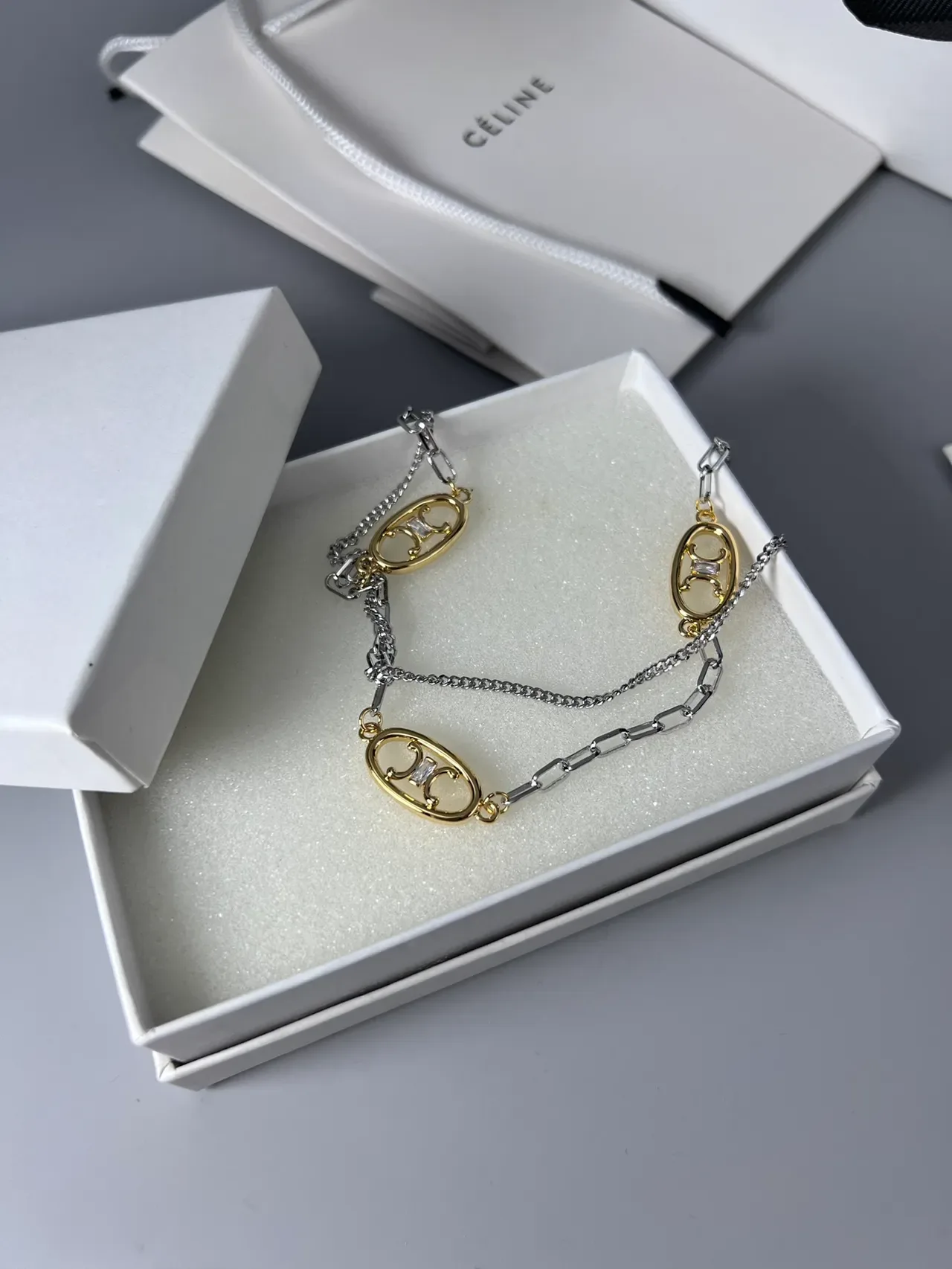 Celine Triomphe Silver Gold Double-Layer Chain Oval Logo Charms Necklace 2