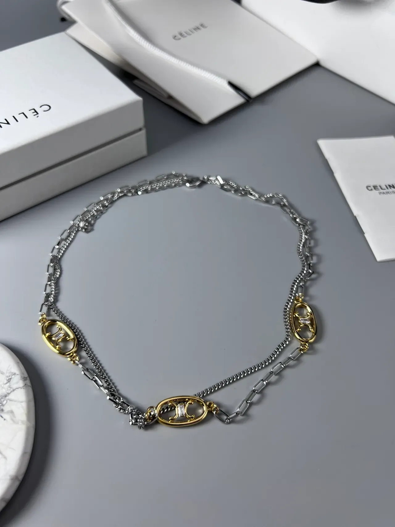 Celine Triomphe Silver Gold Double-Layer Chain Oval Logo Charms Necklace 3