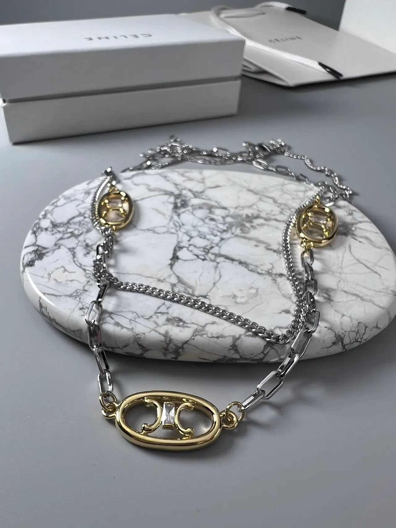 Celine Triomphe Silver Gold Double-Layer Chain Oval Logo Charms Necklace 4