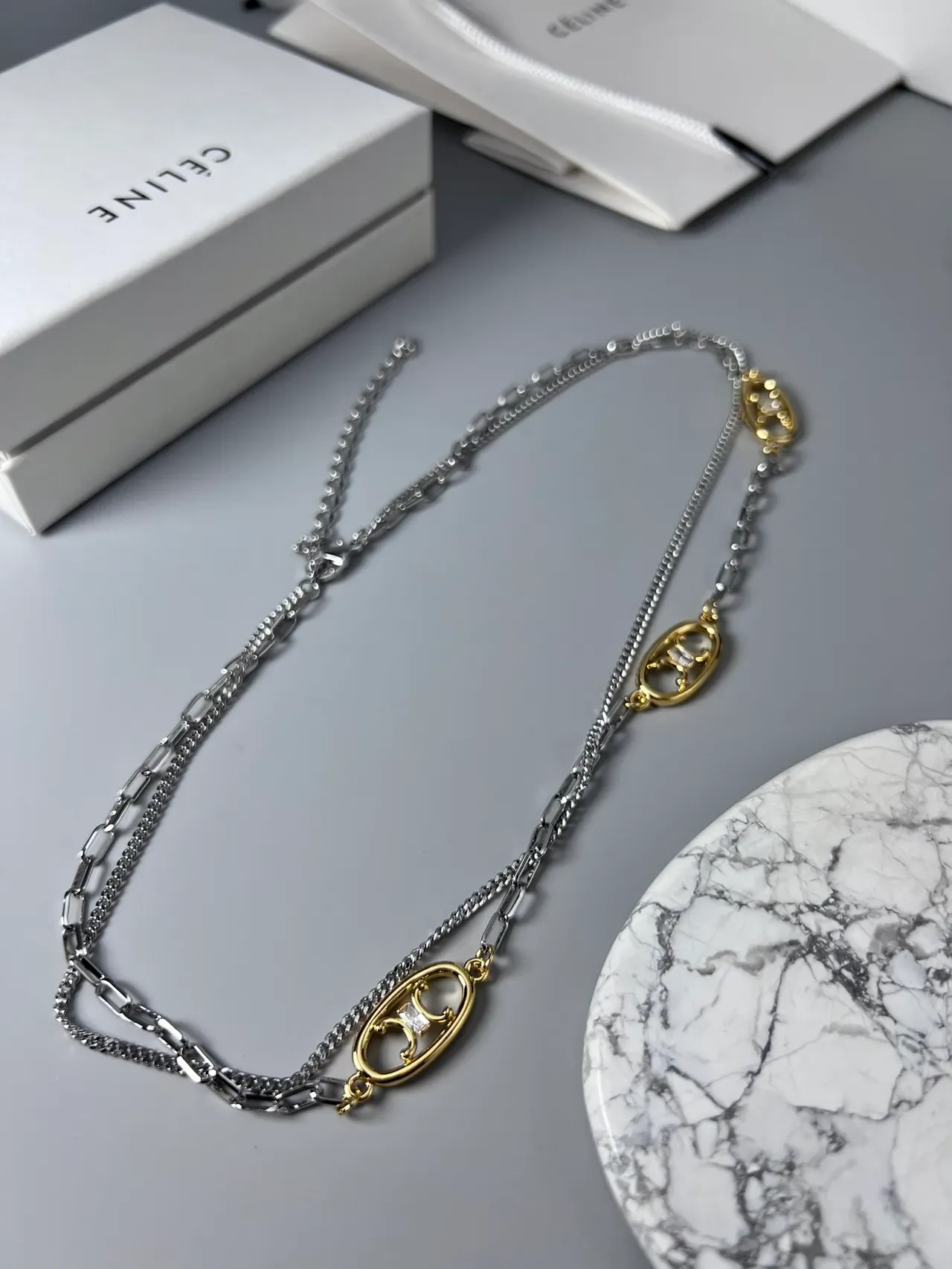 Celine Triomphe Silver Gold Double-Layer Chain Oval Logo Charms Necklace 6