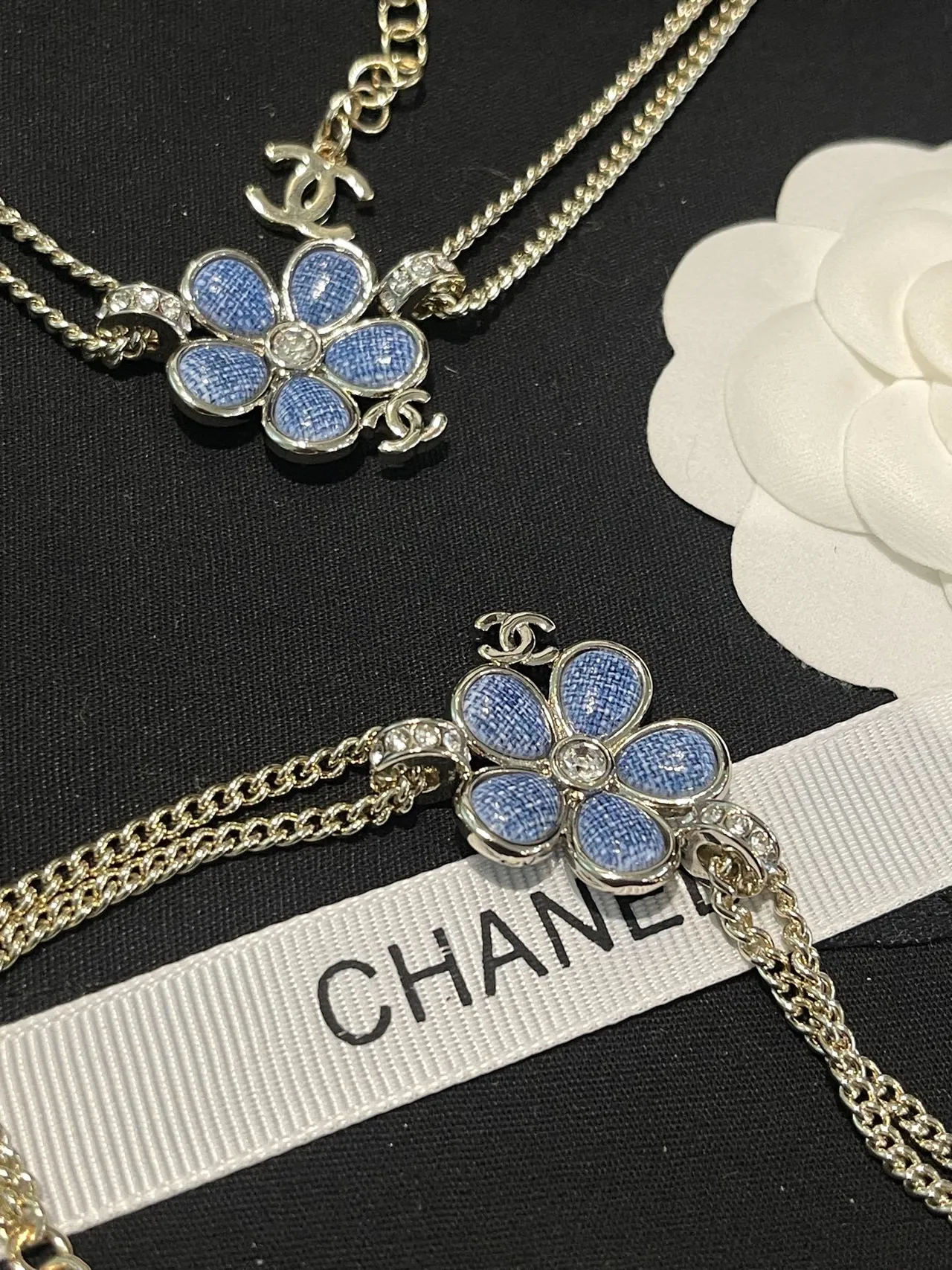 Chanel Camellia Flower Blue Enamel Silver-Tone Chain Bracelet 3