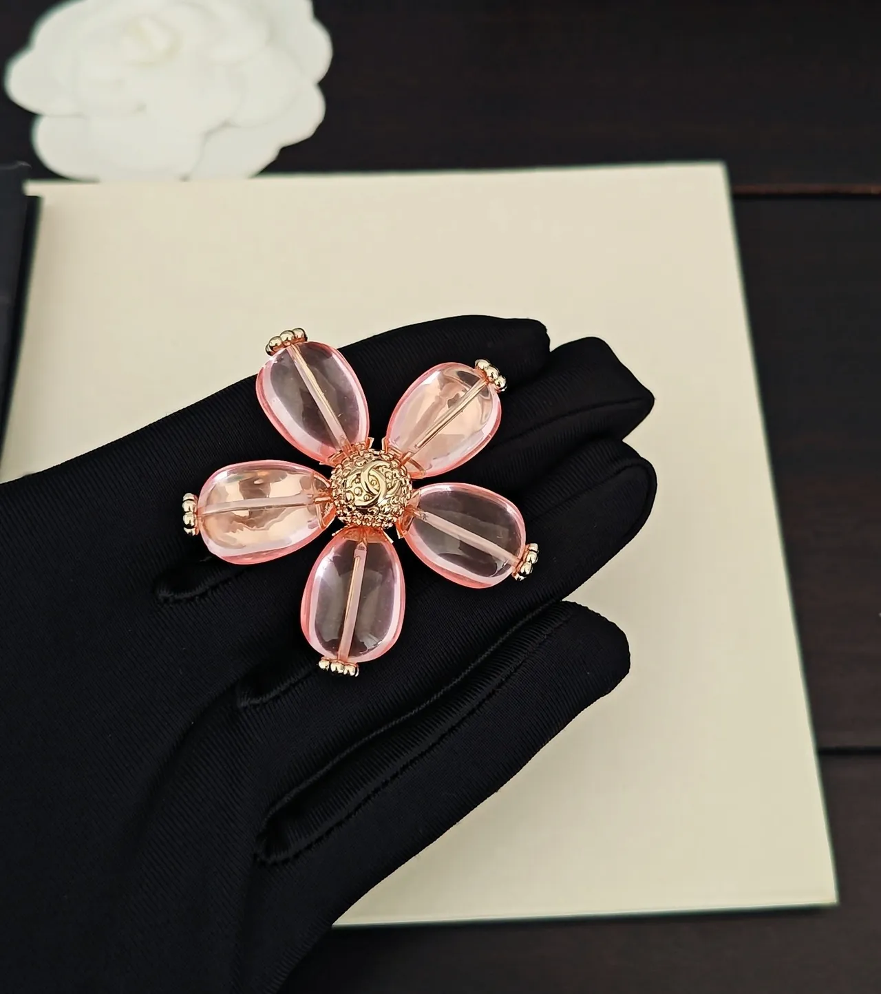 Chanel Camellia Pink Resin and Gold-Tone Brooch 2
