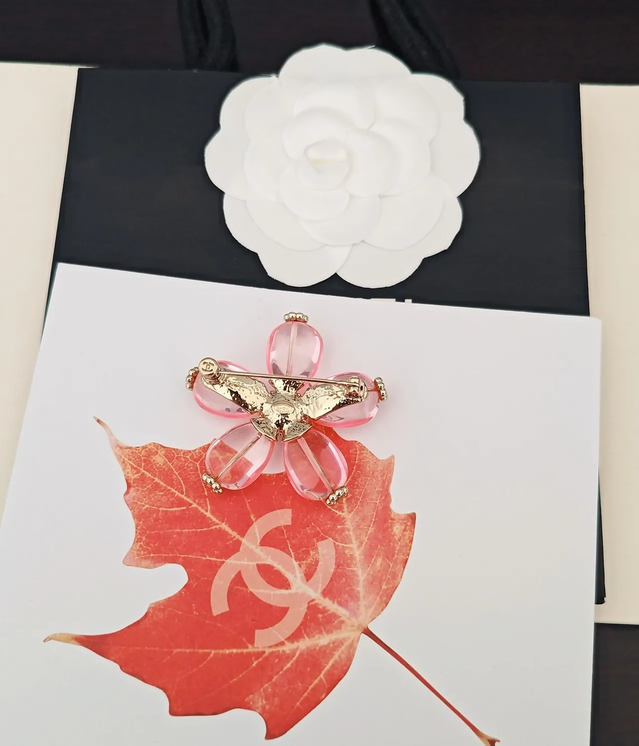 Chanel Camellia Pink Resin and Gold-Tone Brooch 3