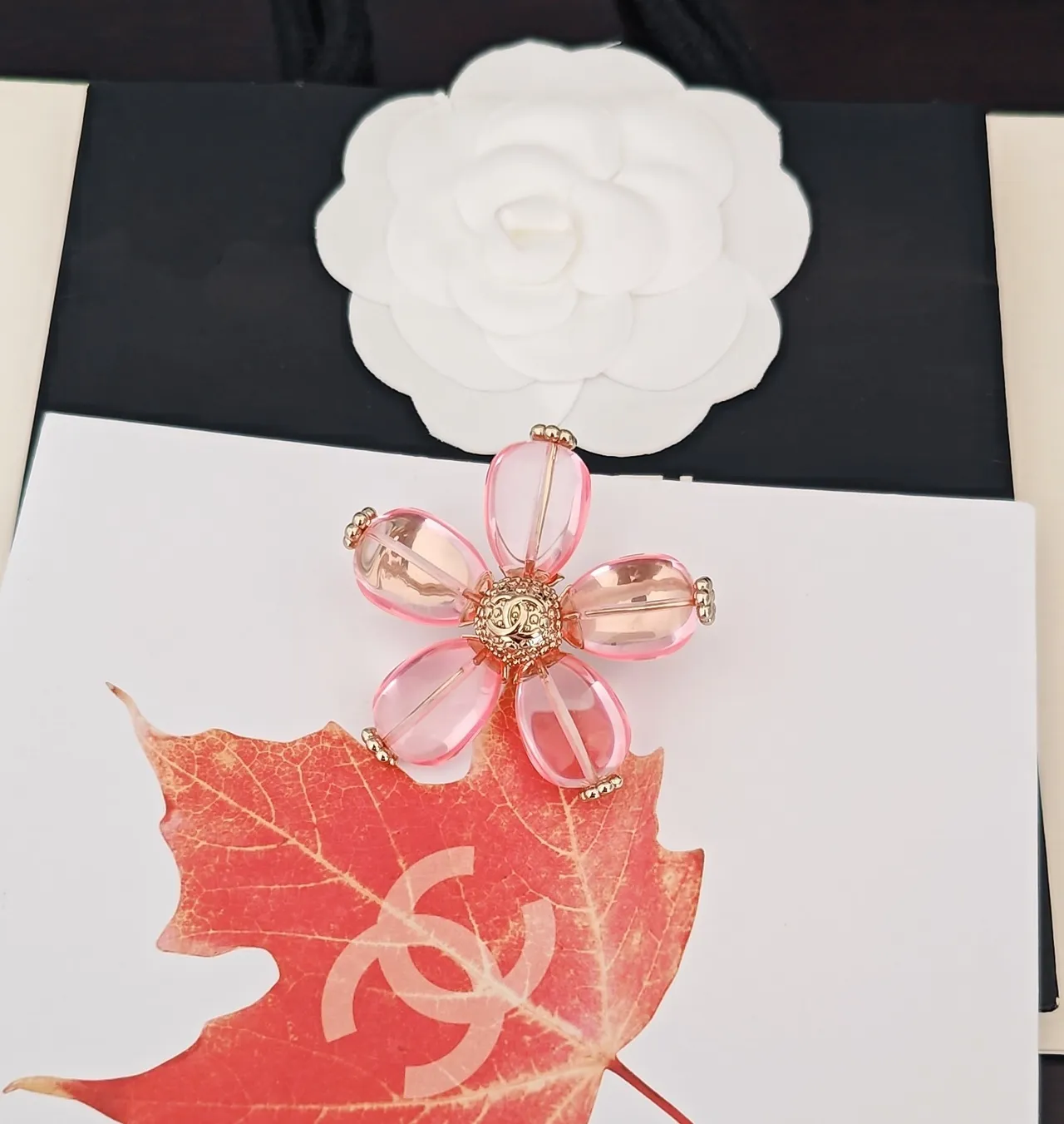 Chanel Camellia Pink Resin and Gold-Tone Brooch 4