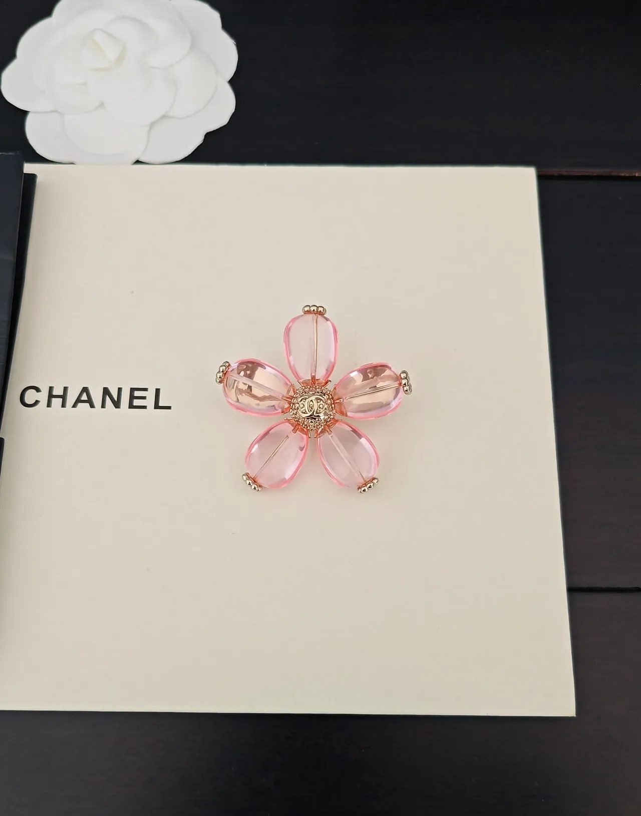 Chanel Camellia Pink Resin and Gold-Tone Brooch 5