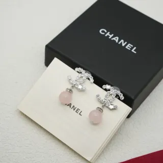 Chanel CC Drop Pink Silver Interlocking Logo حلق أذن حجر متدلي