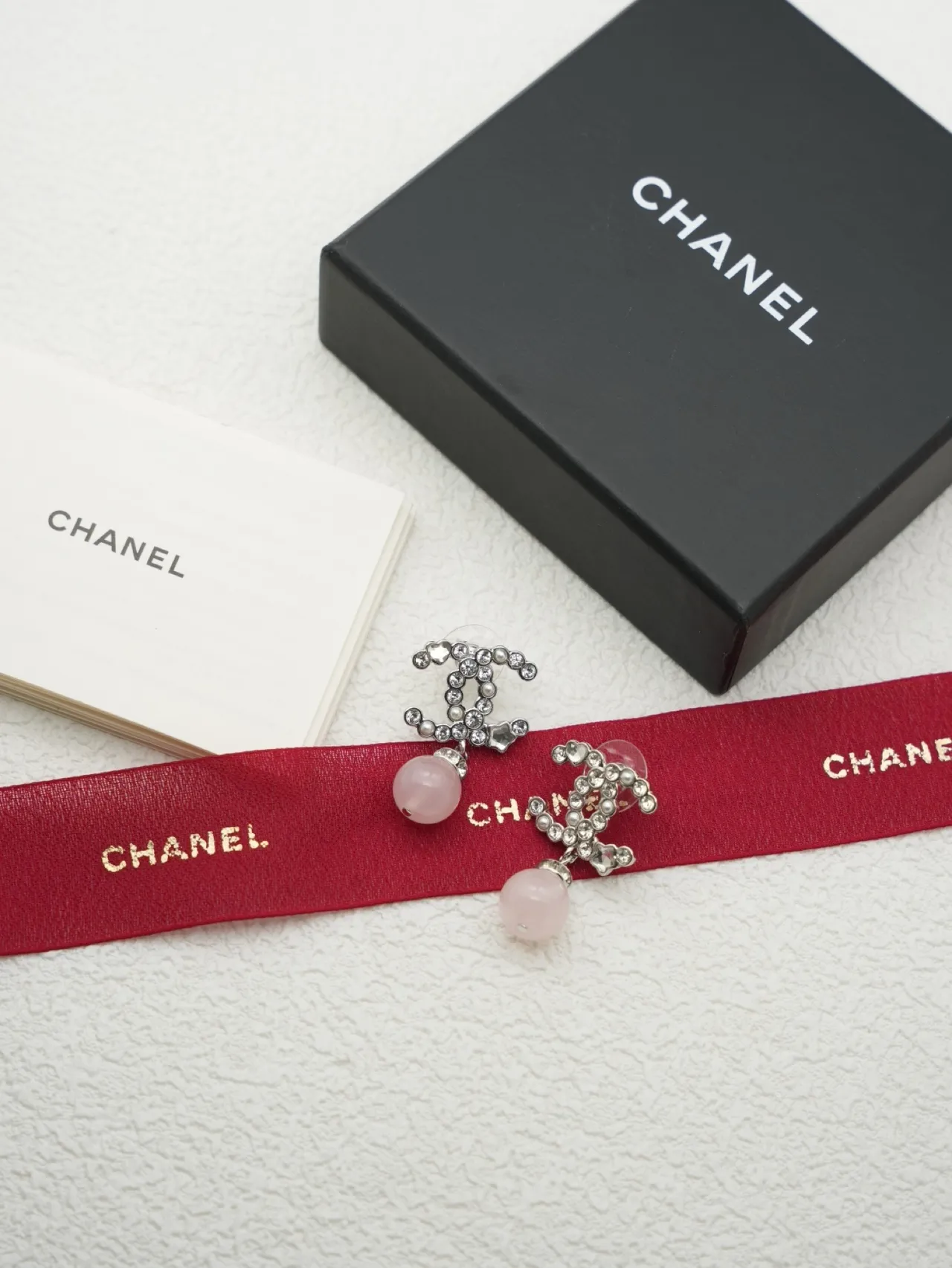 Chanel CC Drop Pink Silver Interlocking Logo Dangling Stone Earrings 4