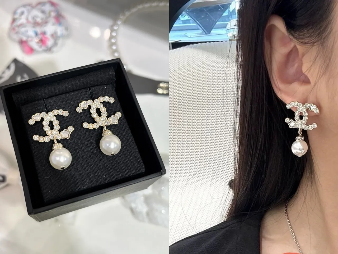 Chanel CC Boucles d'oreilles perles pendantes White Gold cristal incrusté Logo Dangle 2
