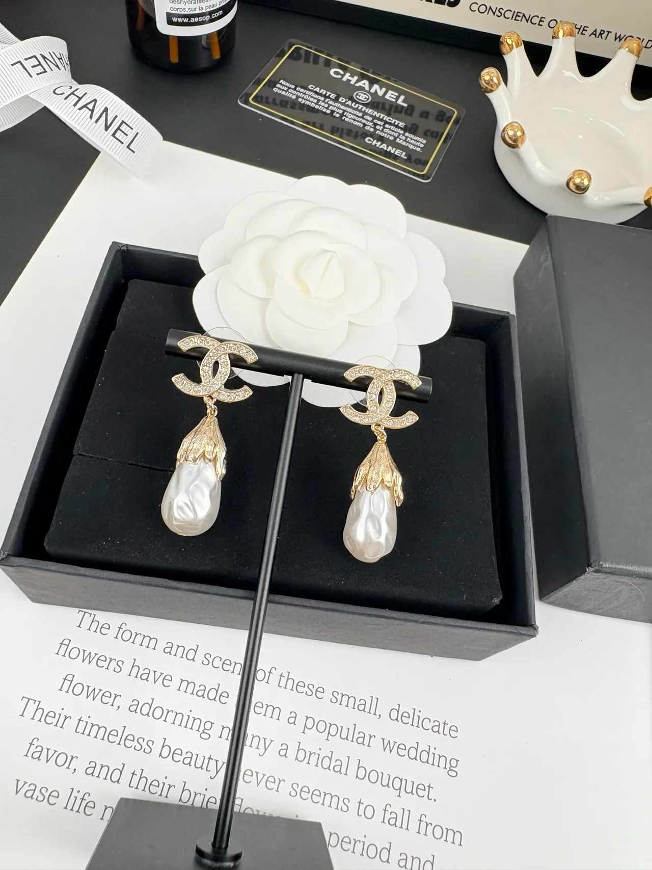 Chanel CC Pearl Drop White Gold Logo Pavé Baroque Earrings 2
