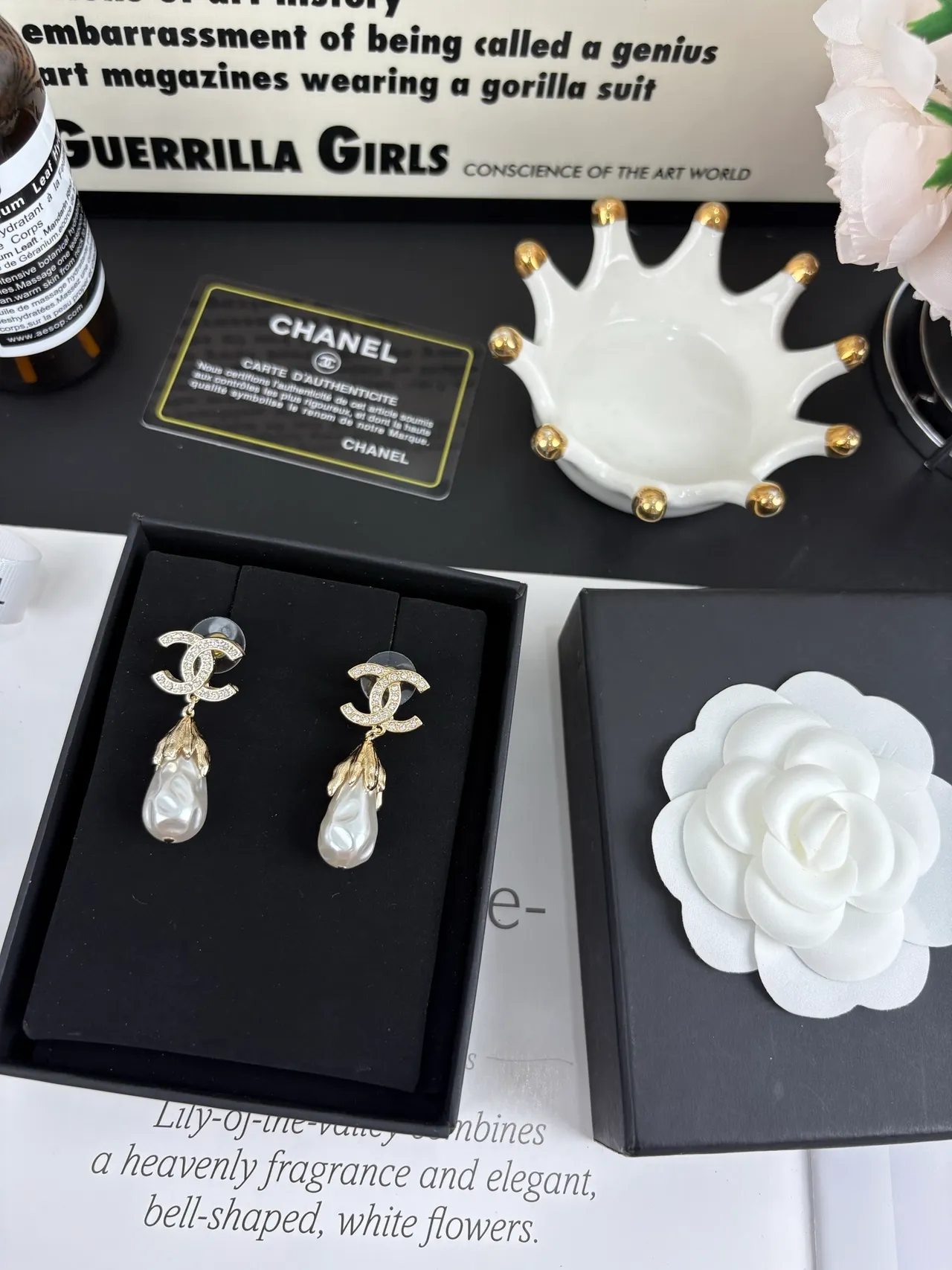 Chanel CC Pearl Drop White Gold Logo Pavé Baroque Earrings 3