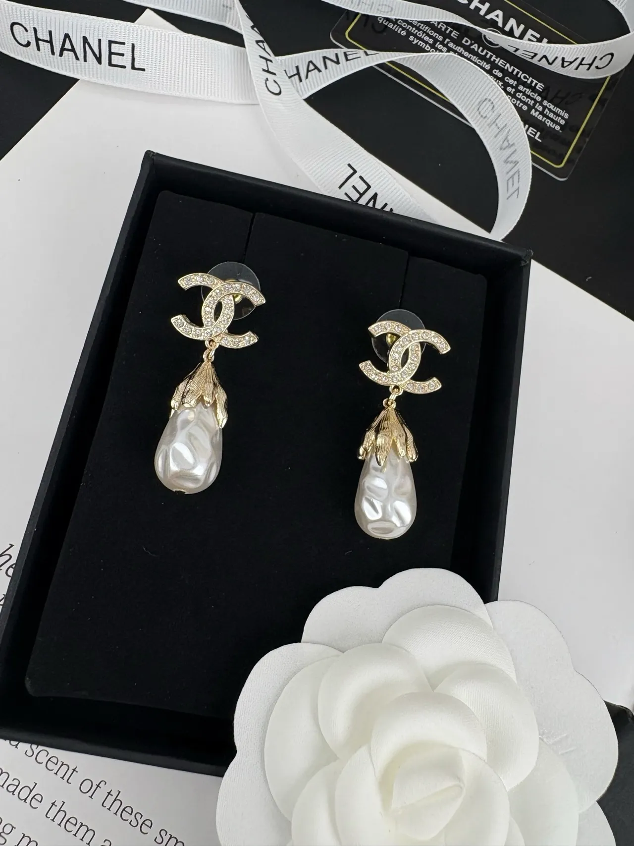 Chanel CC Pearl Drop White Gold Logo Pavé Baroque Earrings 4