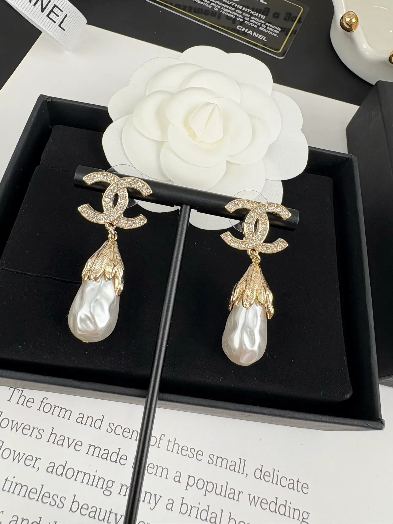 Chanel CC Pearl Drop White Gold Logo Pavé Baroque Earrings 5