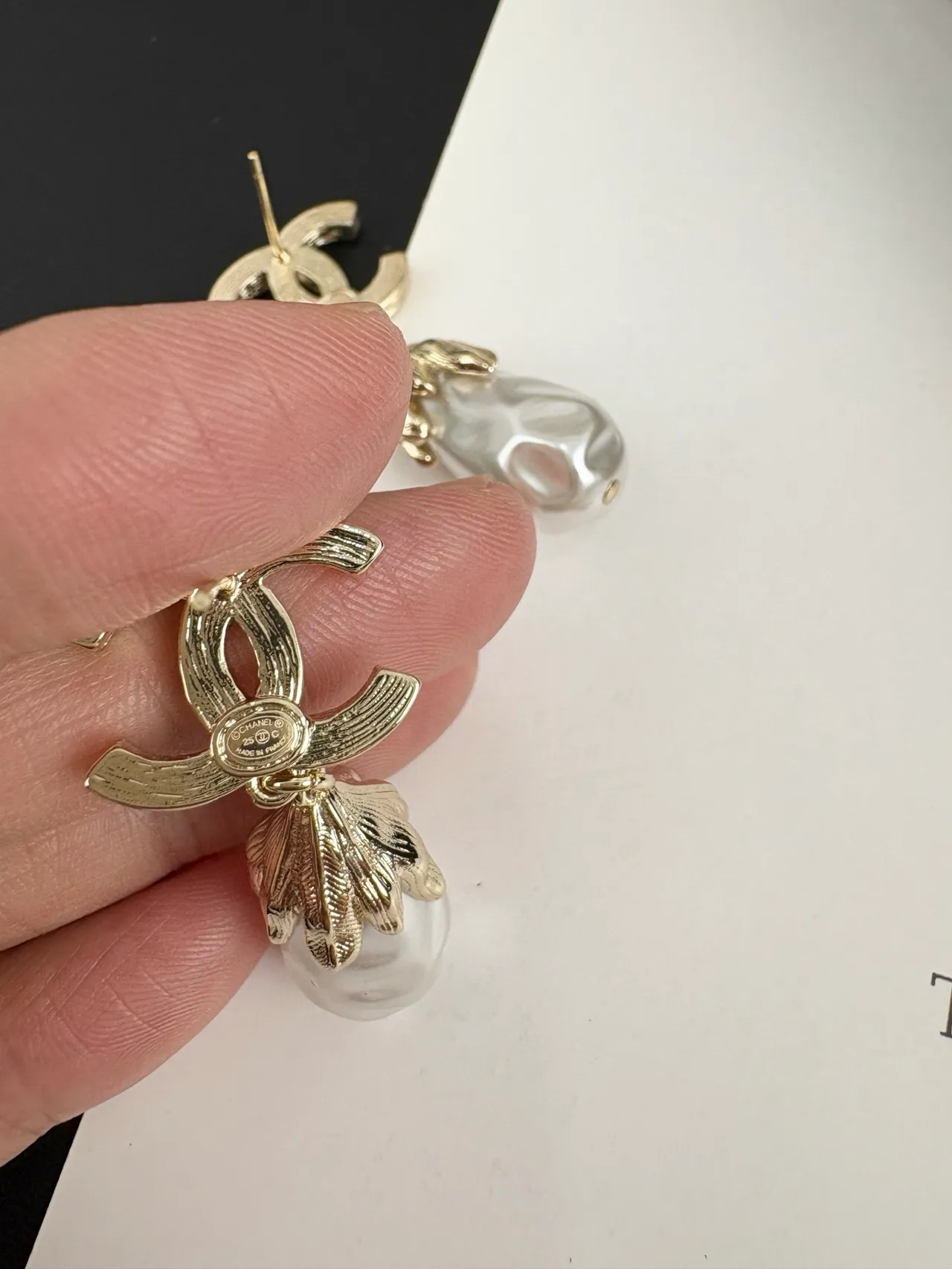 Chanel CC Pearl Drop White Gold Logo Pavé Baroque Earrings 8