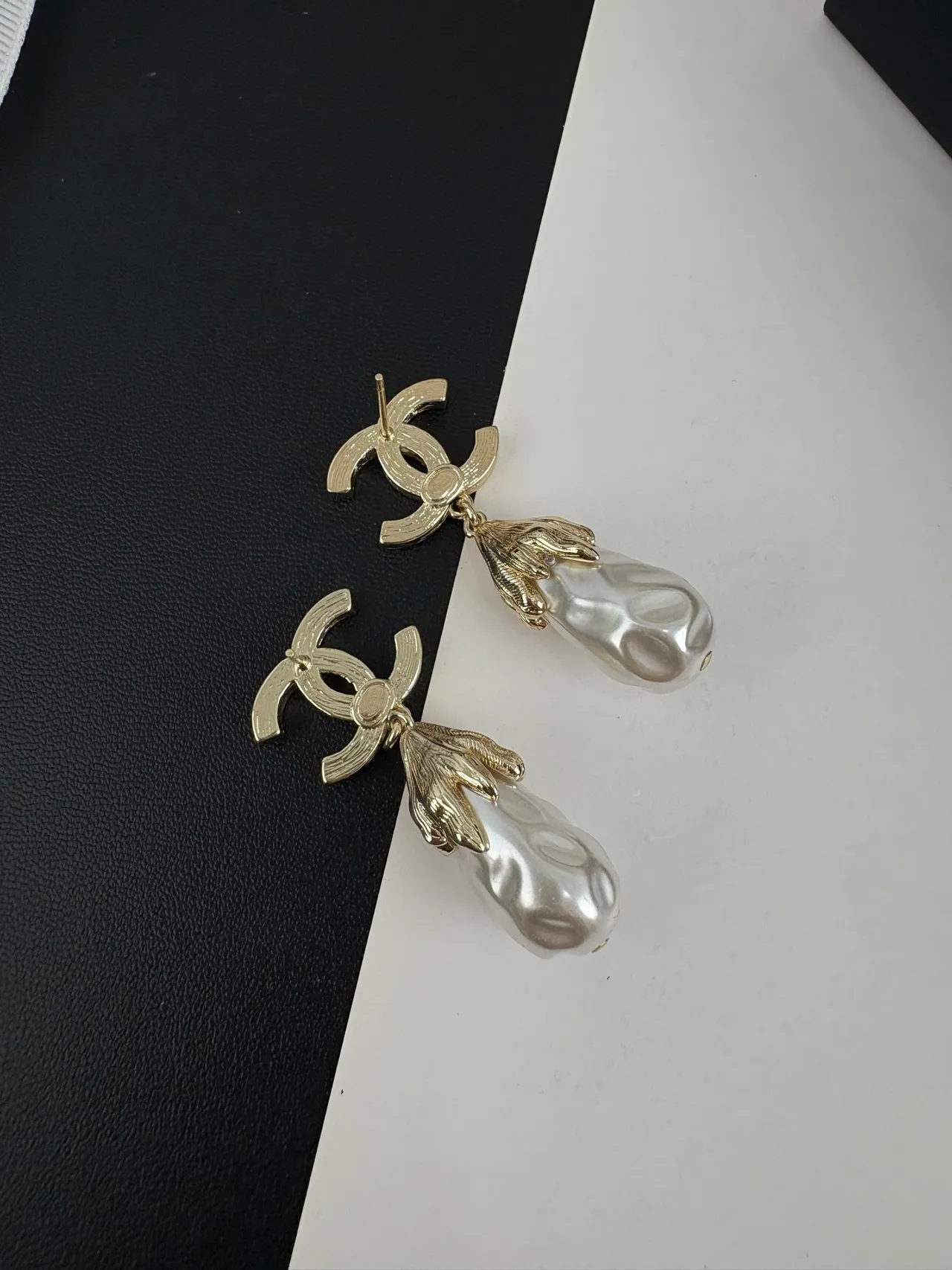 Chanel CC Pearl Drop White Gold Logo Pavé Baroque Earrings 9