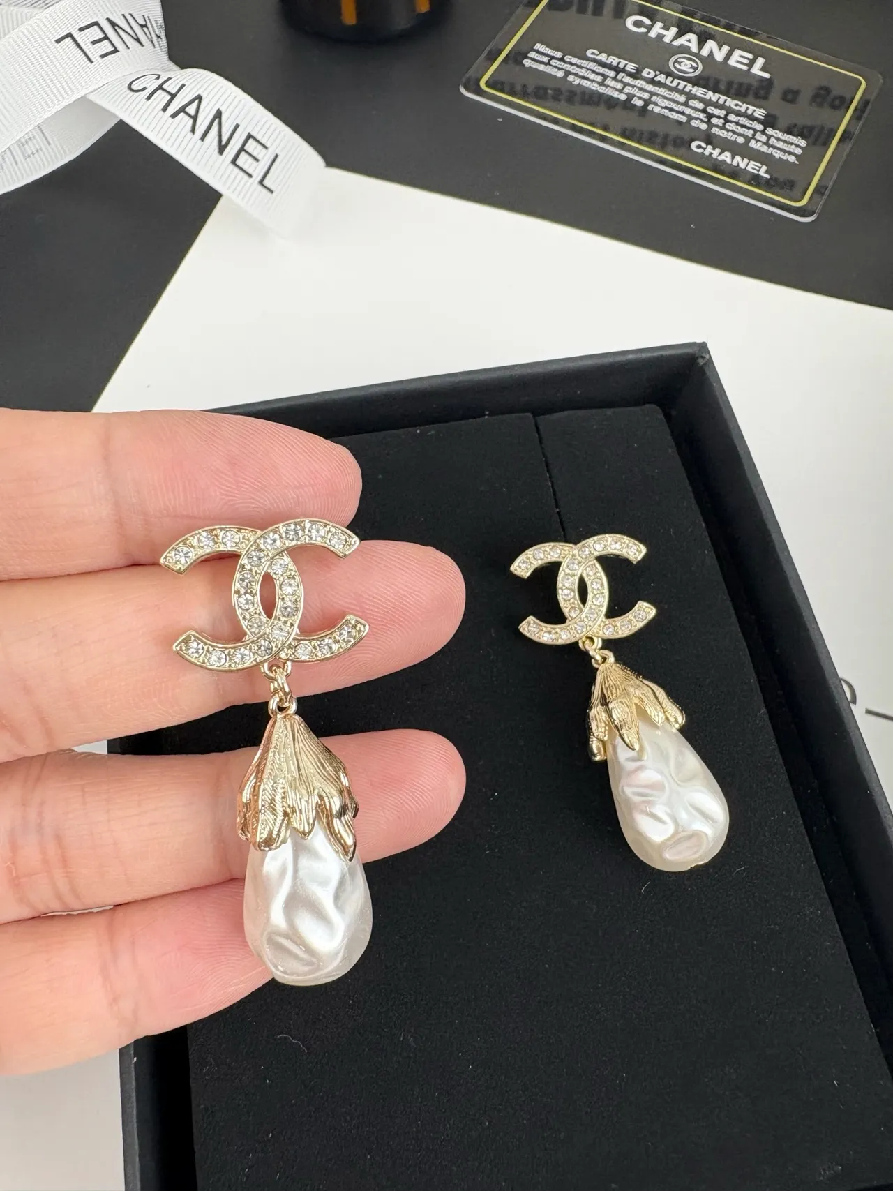 Chanel CC Pearl Drop White Gold Logo Pavé Baroque Earrings 12