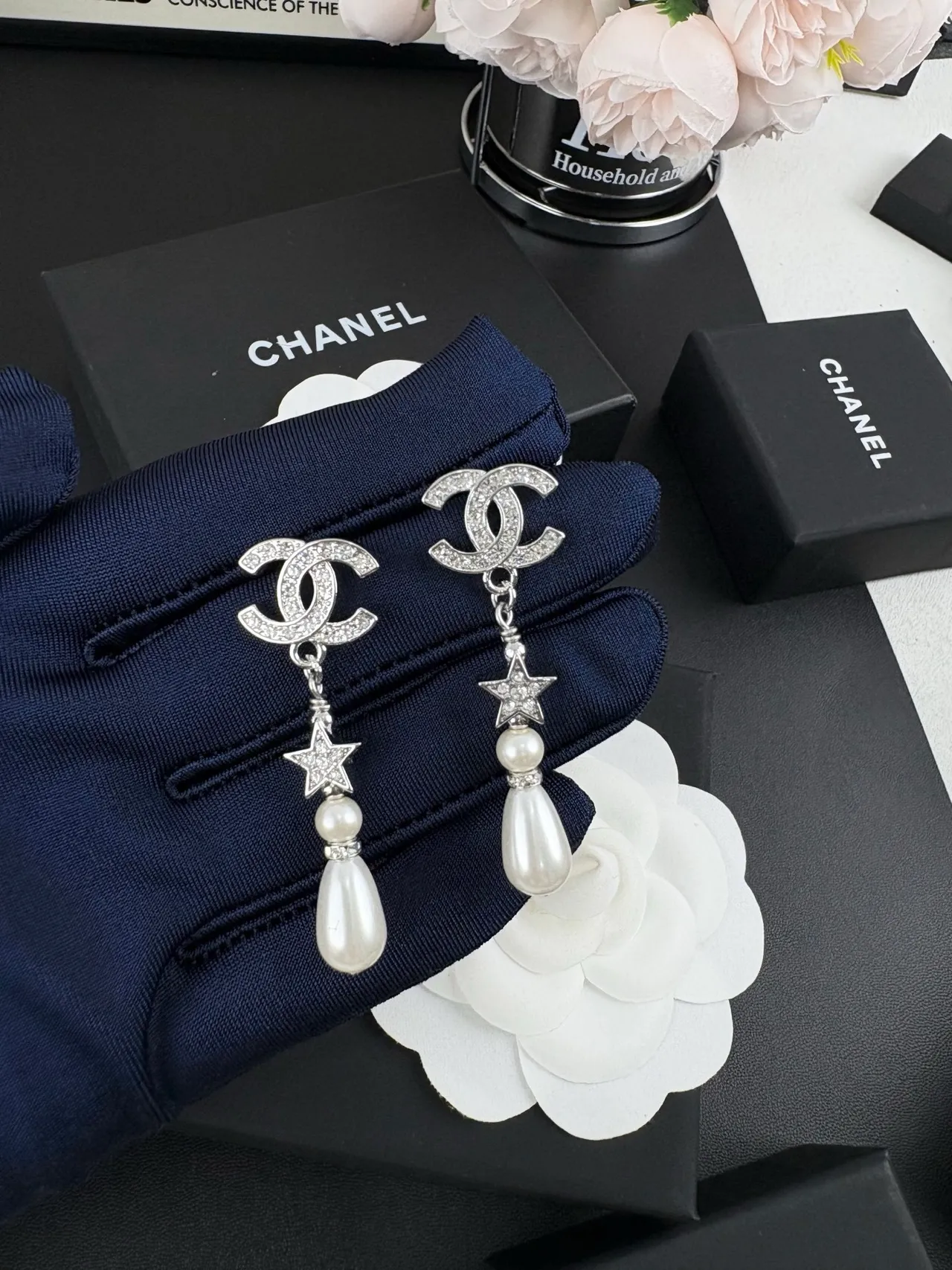 Chanel CC Star Perle Cristal Boucles d'Oreilles Pendantes 2