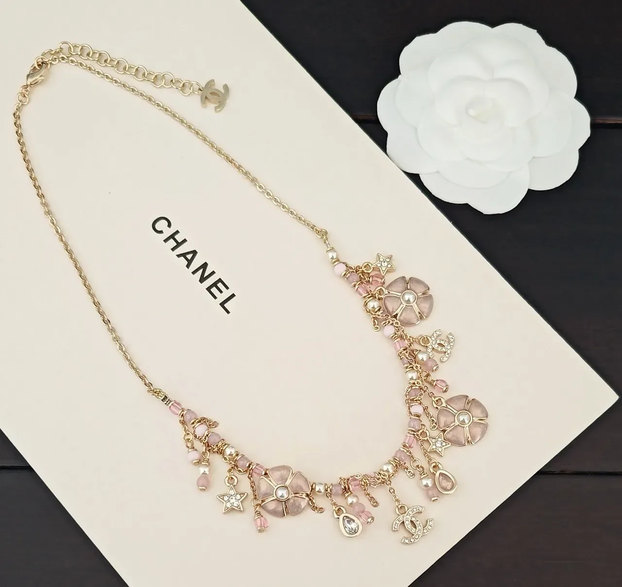 Chanel Gold Pink Chain Camellia Floral Charms Necklace 3