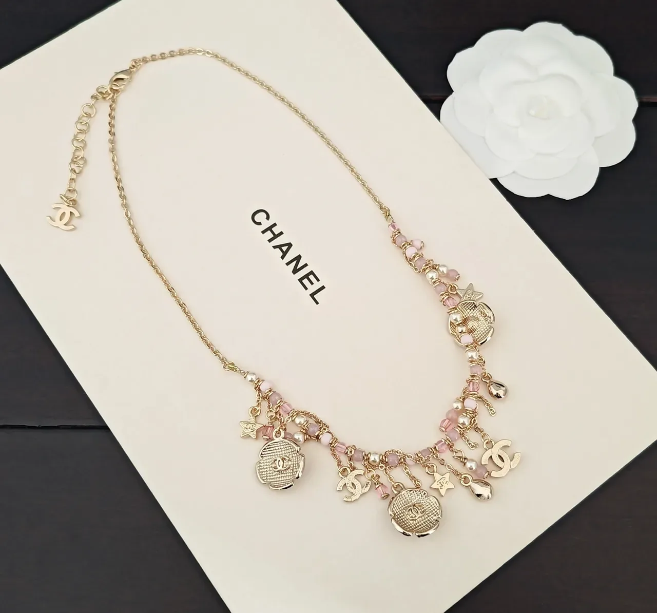 Chanel Gold Pink Chain Camellia Floral Charms Necklace 4