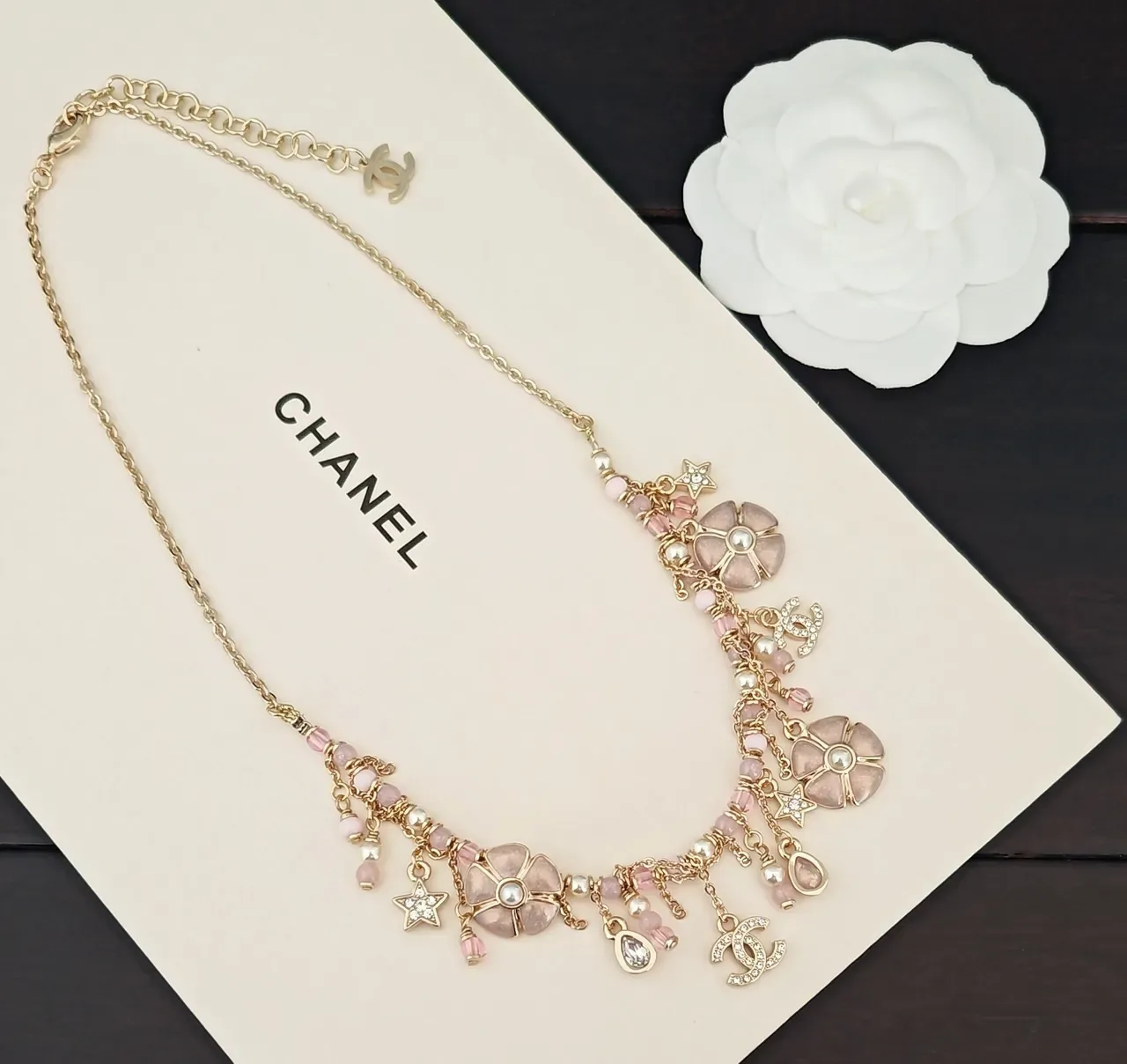 Chanel Gold Pink Chain Camellia Floral Charms Necklace 5