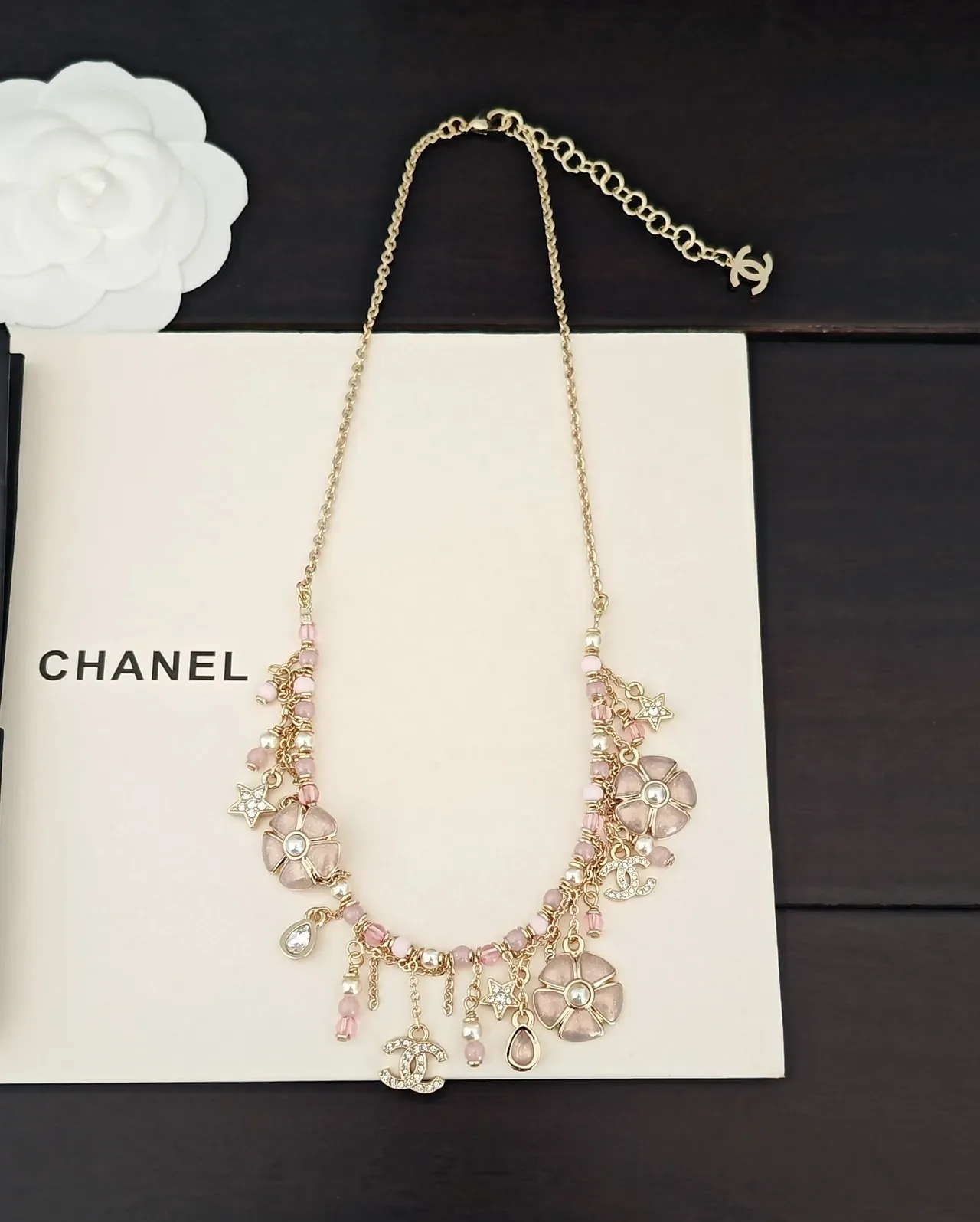 Chanel Gold Pink Chain Camellia Floral Charms Necklace 6