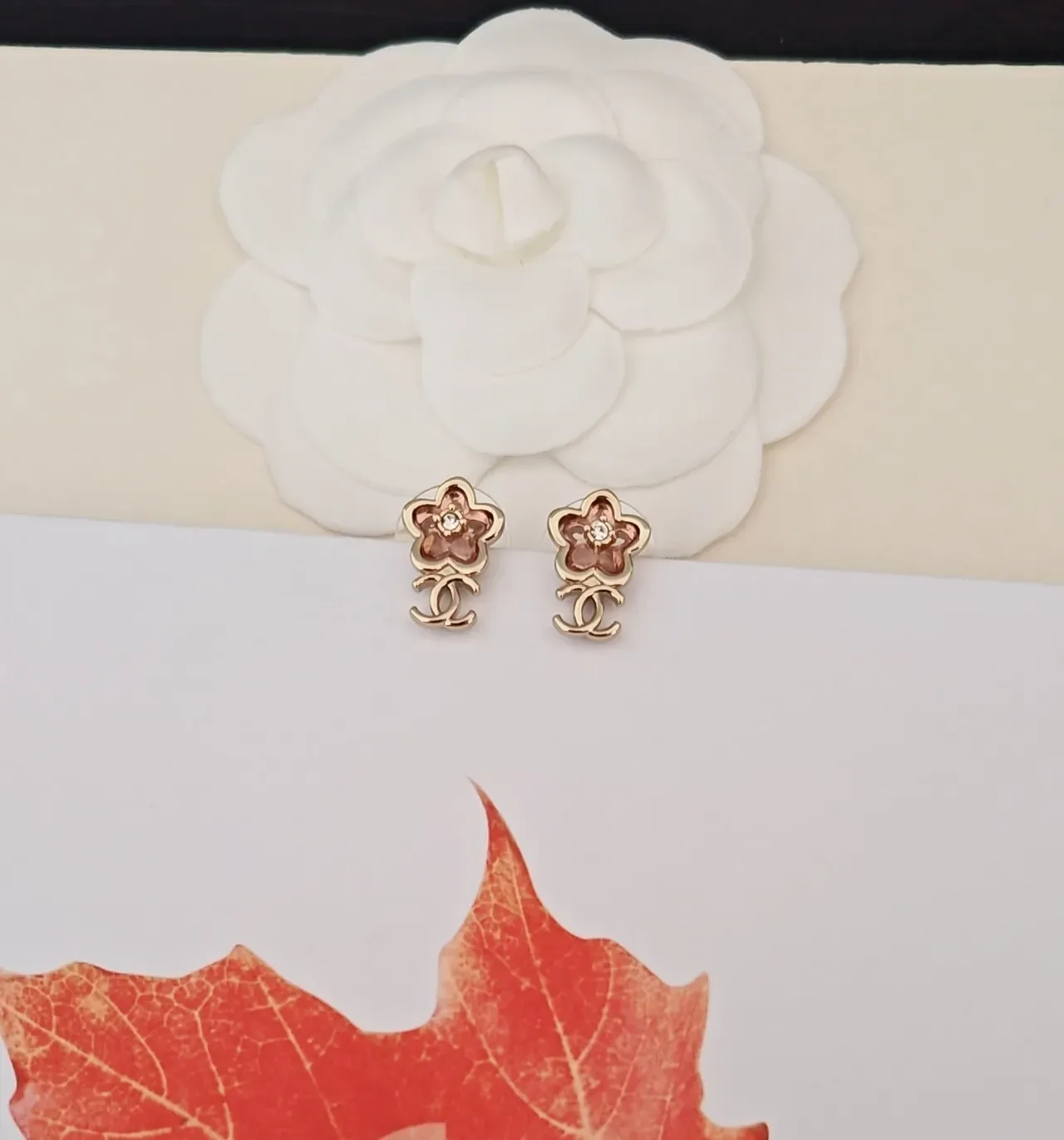 Chanel Gold Pink Floral Stud Enamel Petals Earrings 2