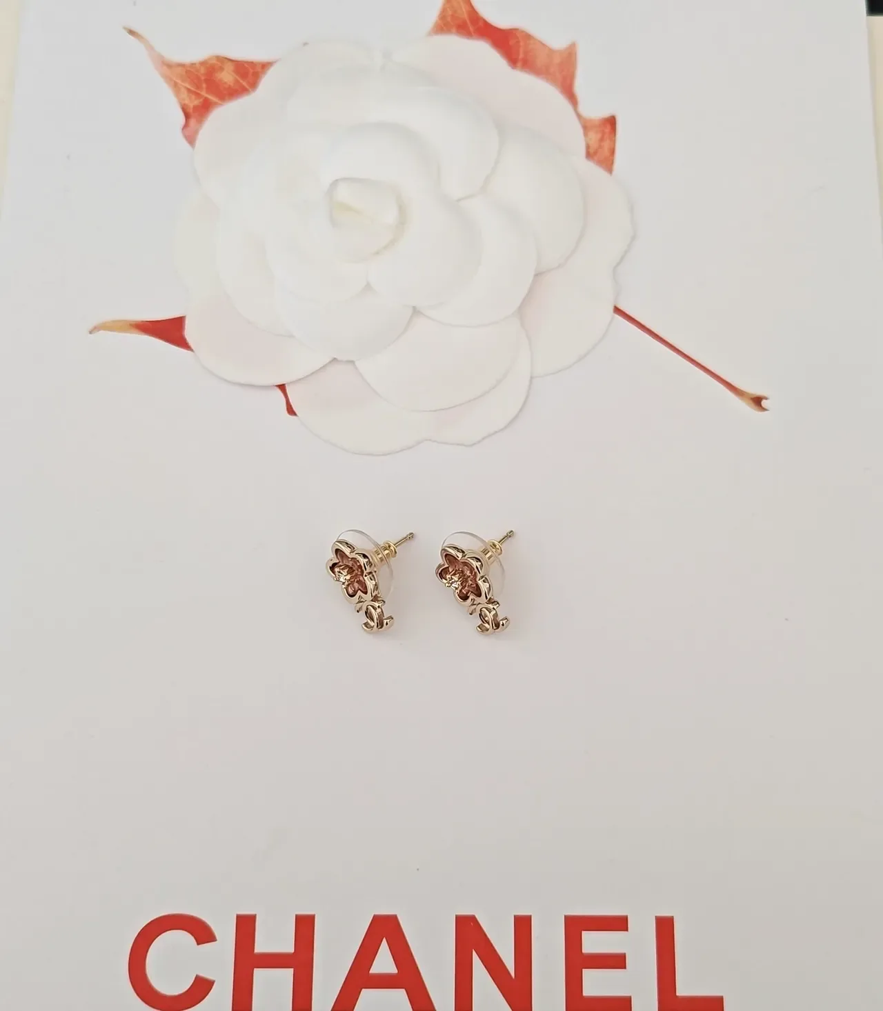 Chanel Gold Pink Floral Stud Enamel Petals Earrings 4