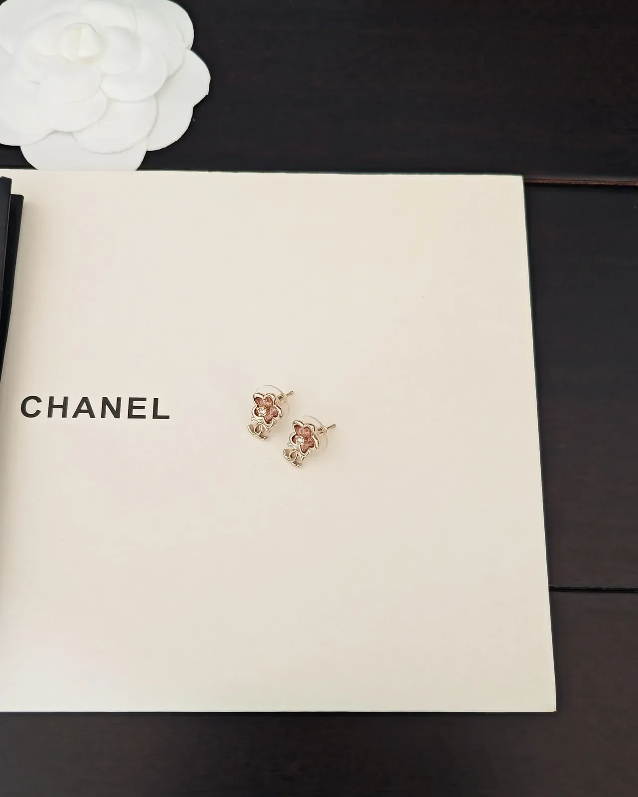 Chanel Gold Pink Floral Stud Enamel Petals Earrings 5