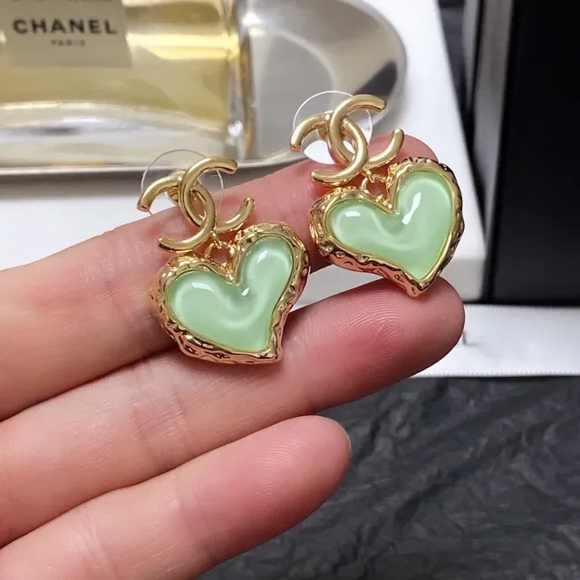 Chanel Green Gold Heart-Shaped Enamel-Filled Earrings 2
