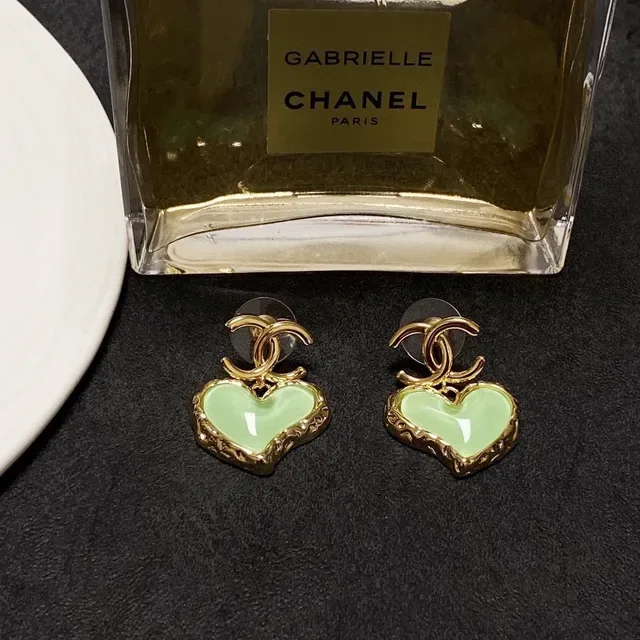 Chanel Green Gold Heart-Shaped Enamel-Filled Earrings 4