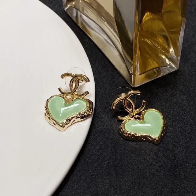 Chanel Green Gold Heart-Shaped Enamel-Filled Earrings 5