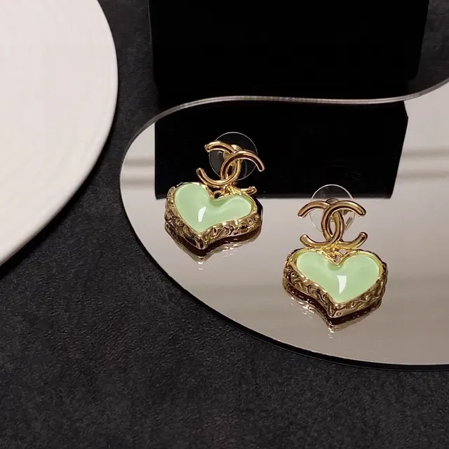 Chanel Green Gold Heart-Shaped Enamel-Filled Earrings 6