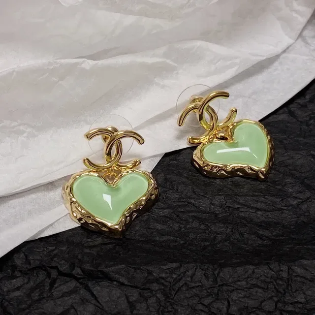 Chanel Green Gold Heart-Shaped Enamel-Filled Earrings 7
