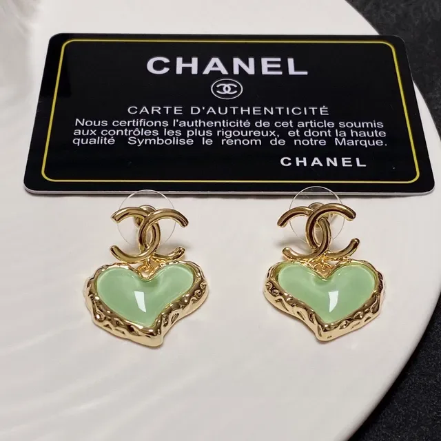 Chanel Green Gold Heart-Shaped Enamel-Filled Earrings 8