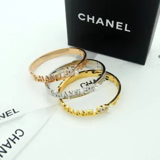 Chanel Logo Bangle Ouro Prata Rígido Gravado