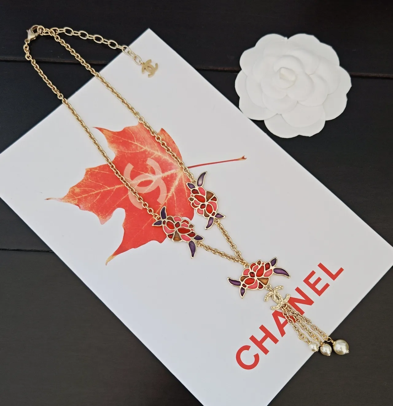 Chanel Multicolor Gold Enamel Floral Pendants Chain Necklace 3