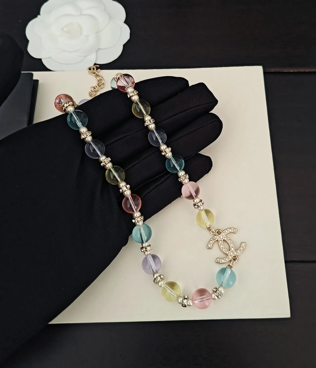 Chanel Multicolor Gold Translucent Glass Beads Pearl Spacers Necklace 1