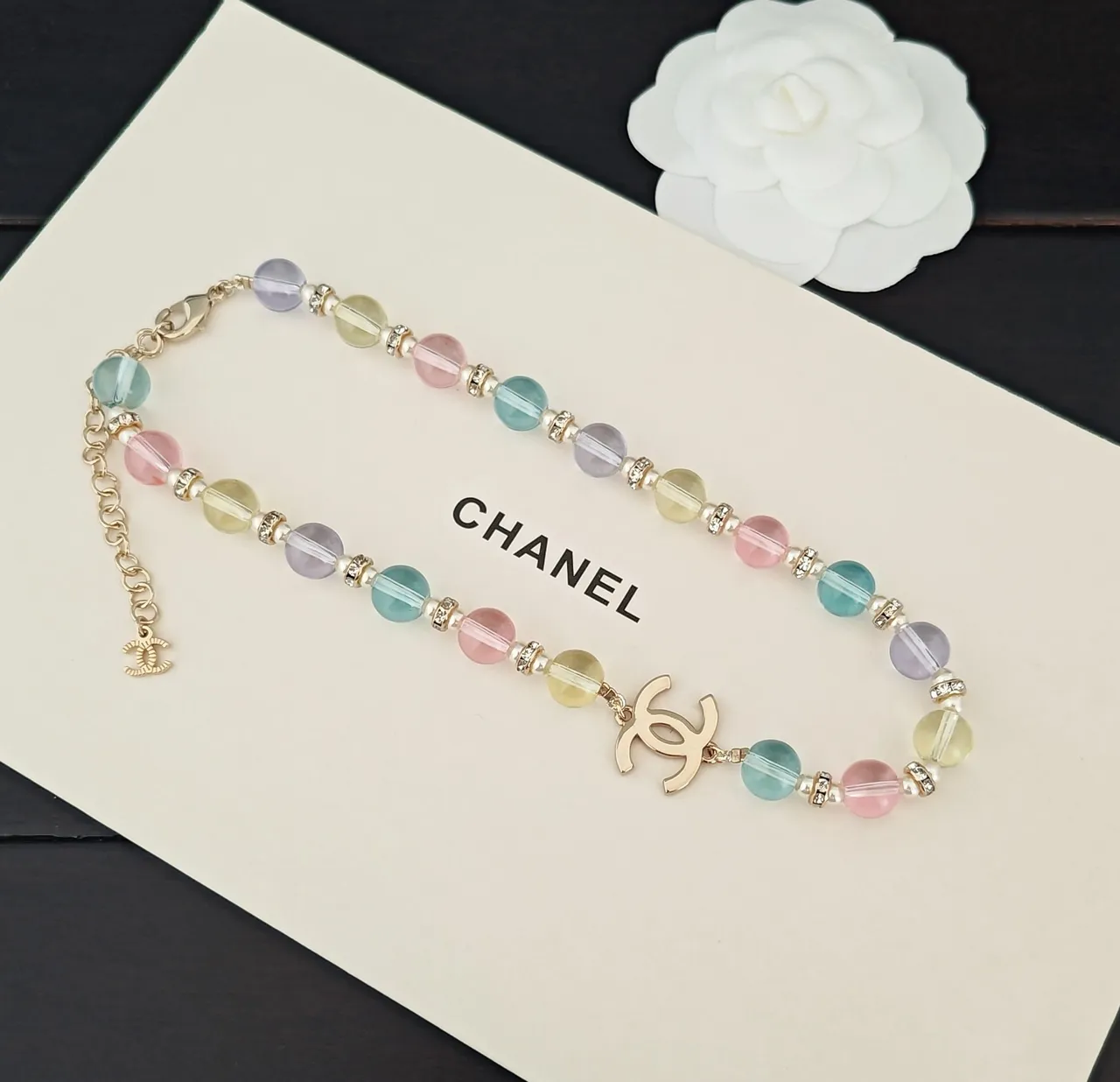 Chanel Multicolor Gold Translucent Glass Beads Pearl Spacers Necklace 4