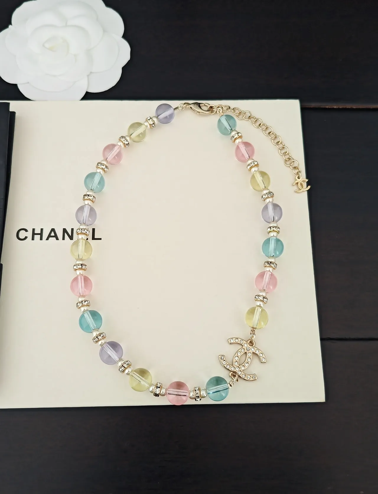 Chanel Multicolor Gold Translucent Glass Beads Pearl Spacers Necklace 6